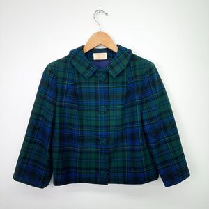 Pendleton Wool Women’s Vintage 1960s Blue and Green Tartan Plaid Cropped Jacket